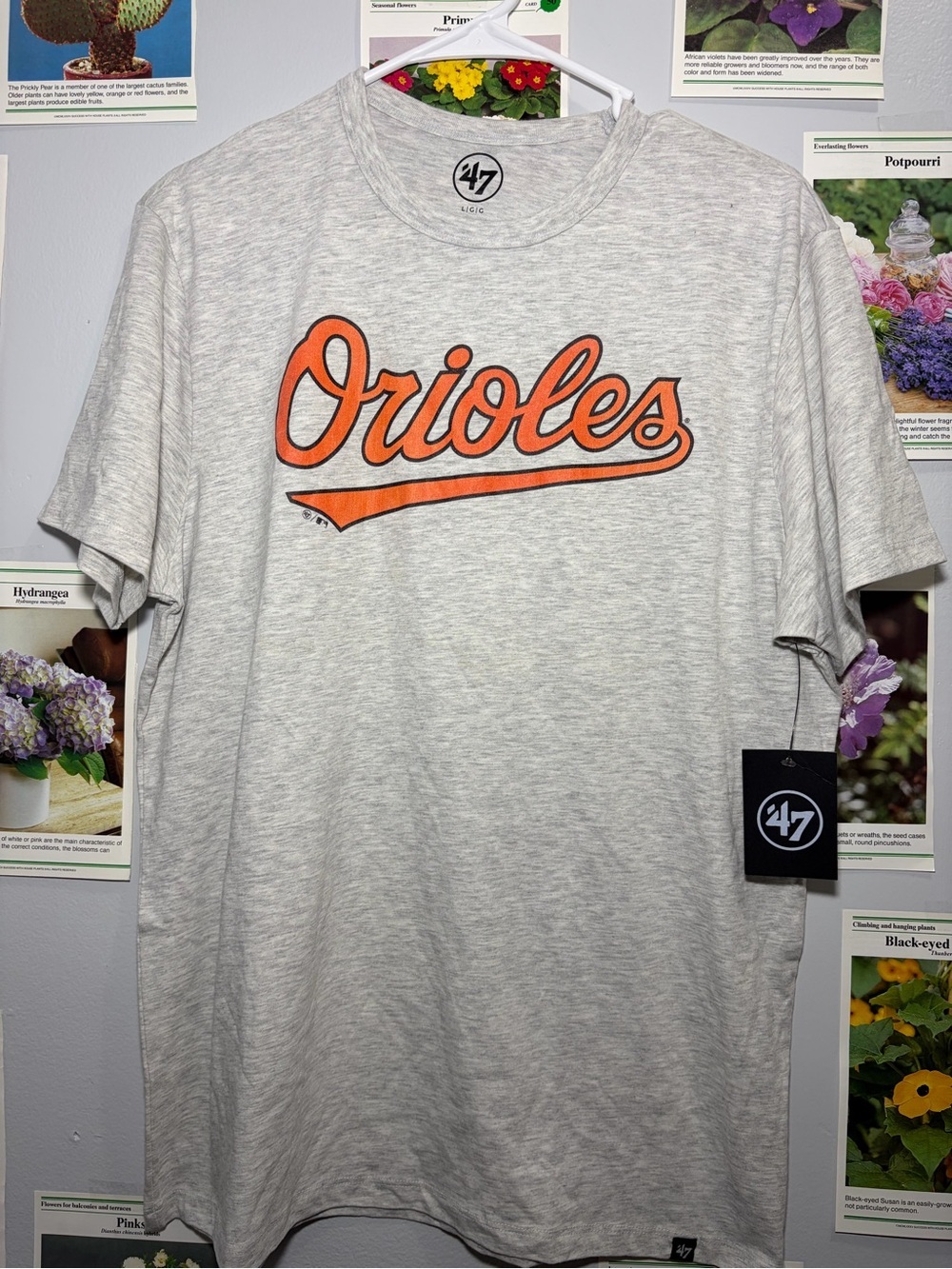 47 Brand Orioles Heather Gray Script Logo T-Shirt - Orange Print